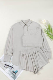Gray 3 Pcs Crop Tank Top Shorts with Cardigan Lounge Set - Fashion Queen -  1
